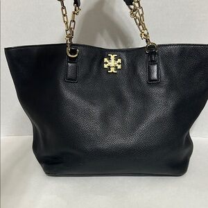 Tory Burch Black Pebbled Leather Tote with Gold Logo and Chain Straps